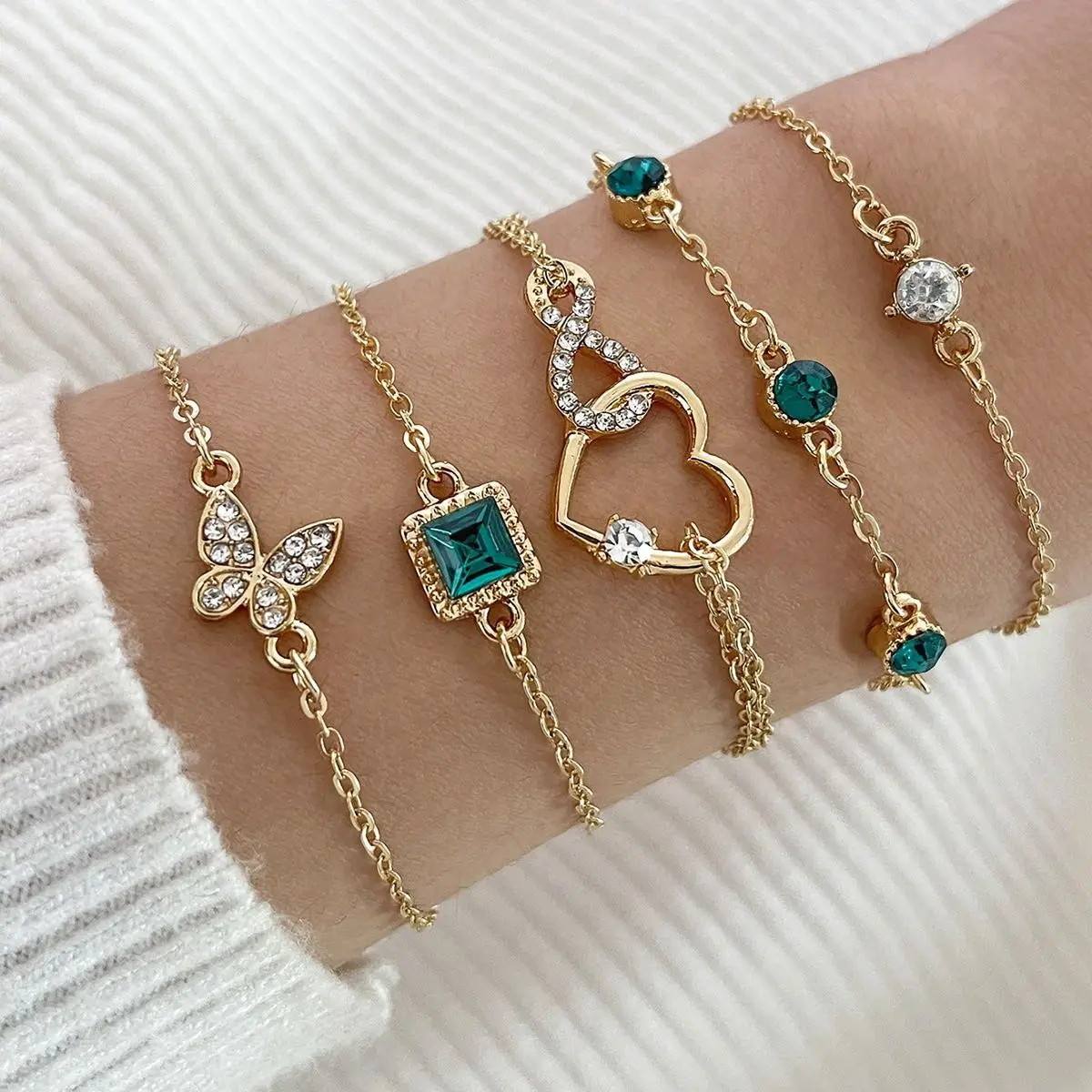 5Pcs Fashion Green Crystal Bracelet Set For Women Butterfly Heart Charm Gold Silver Color Chain Bangle Female Trendy Jewelry