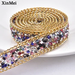 2 Yards Resin Rhinestone Trim Mix Color Stone With Gold Chain Hot Fix Strass Banding Ribbon Iron on Applique for Clothes Shoes