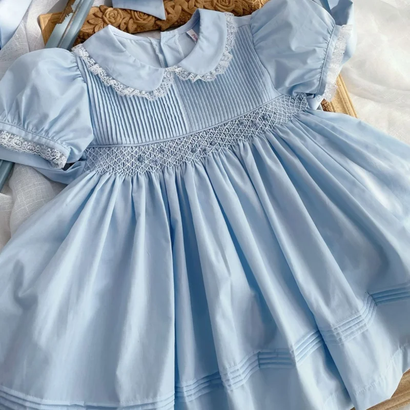 Summer Handmade Vintage Elsa Blue Hand-embroidered Girls Dress Smocking Boutique Girls Quality Flower Girls EID Dress