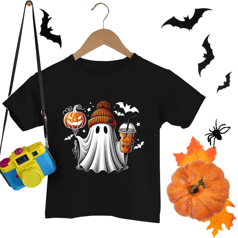 

Children Boys Girls Halloween T-shirt Halloween Ghost Pumpkin Bat Print Short Sleeve Tee Shirts Round Neck Pure Color Tee Shirts