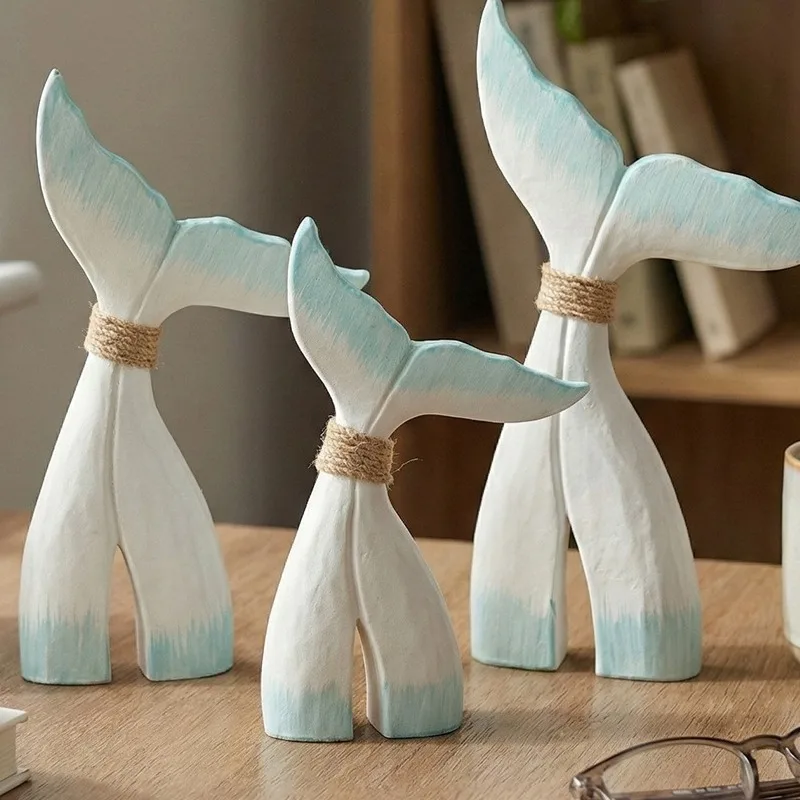 

A Set of Mediterranean Style Whale Tail Sculptures, Decorated with Creative Wooden Fish Tail Houses and Tabletop Decorations