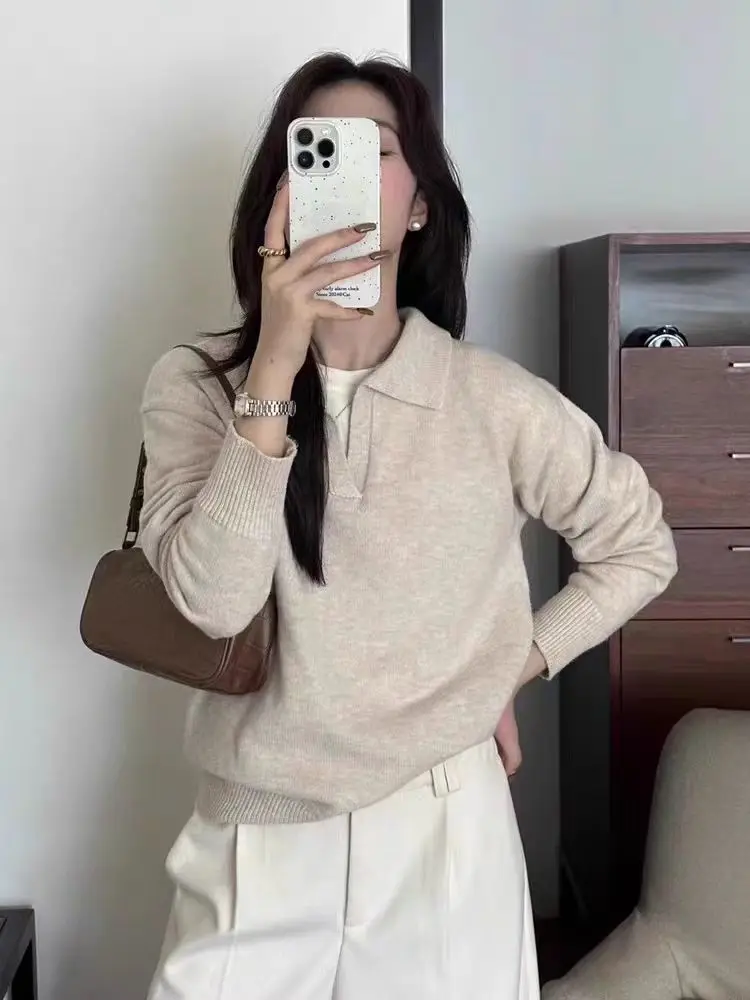 

100% Pure Wool Sweater Women's 2025 Autumn/Winter New POLO Collar Pullover Korean Fashion Lapel Soft Knitted Cashmere Top Female
