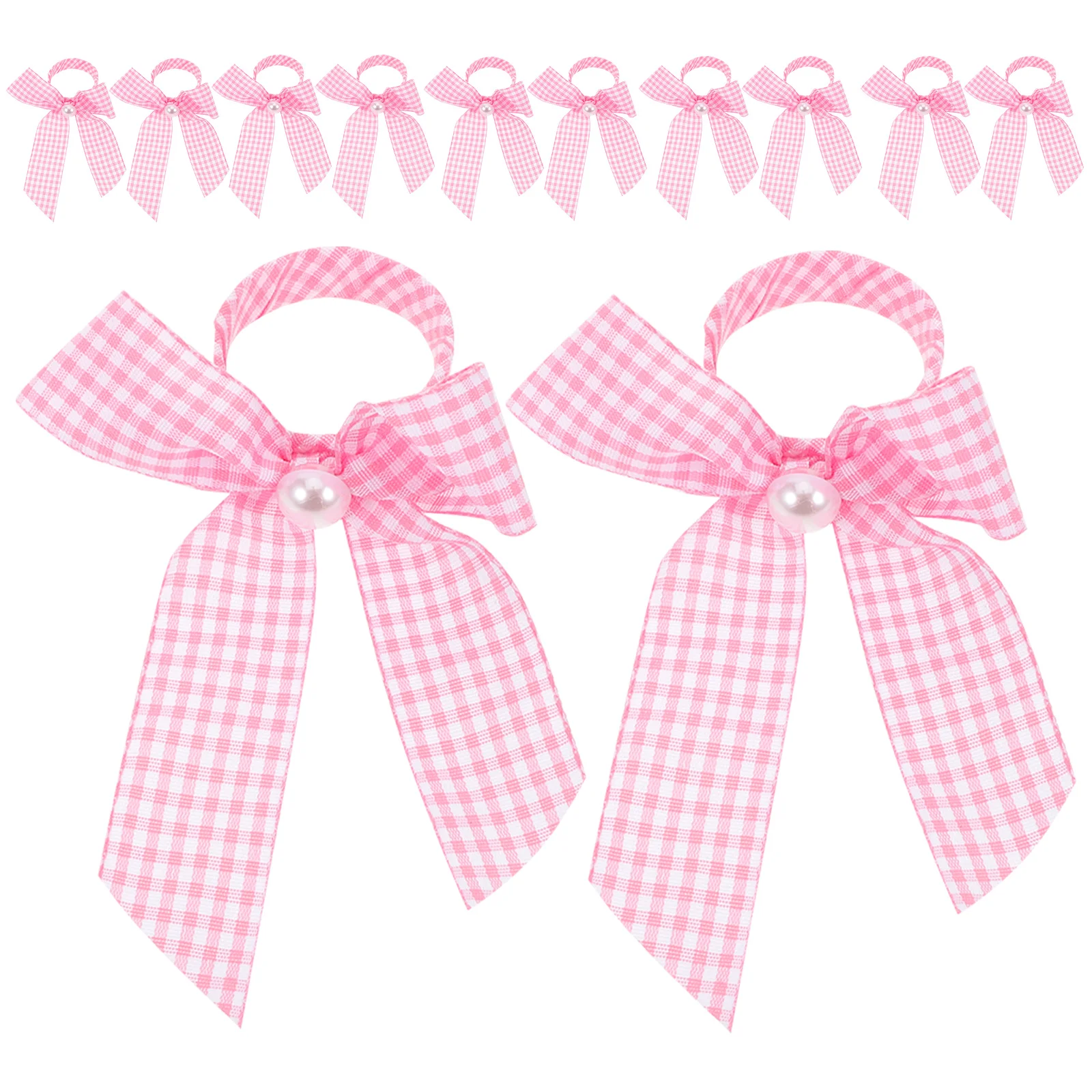 

12Pcs Pink Bow Napkin Rings Shower Bridal Brunch Wedding Tea Party Checkered Ribbon Holder Faux Pearl Table Decor
