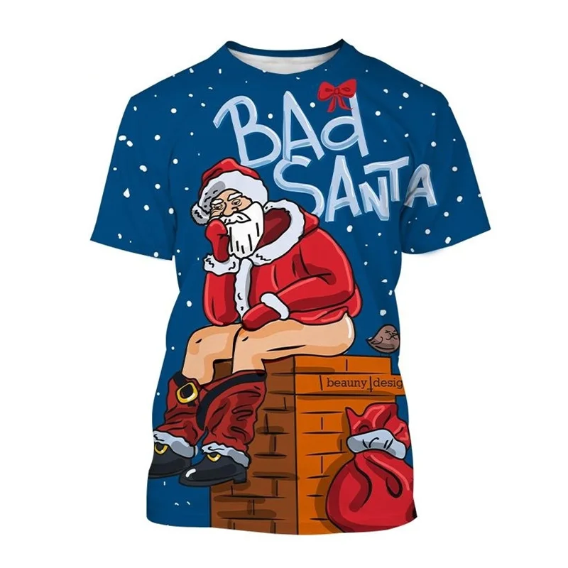 Funny Santa Claus 3D Print Men\'s T Shirt Fashion New Year X\'mas Clothing Casual O-neck Loose T-shirts Children Short Sleeve Tops