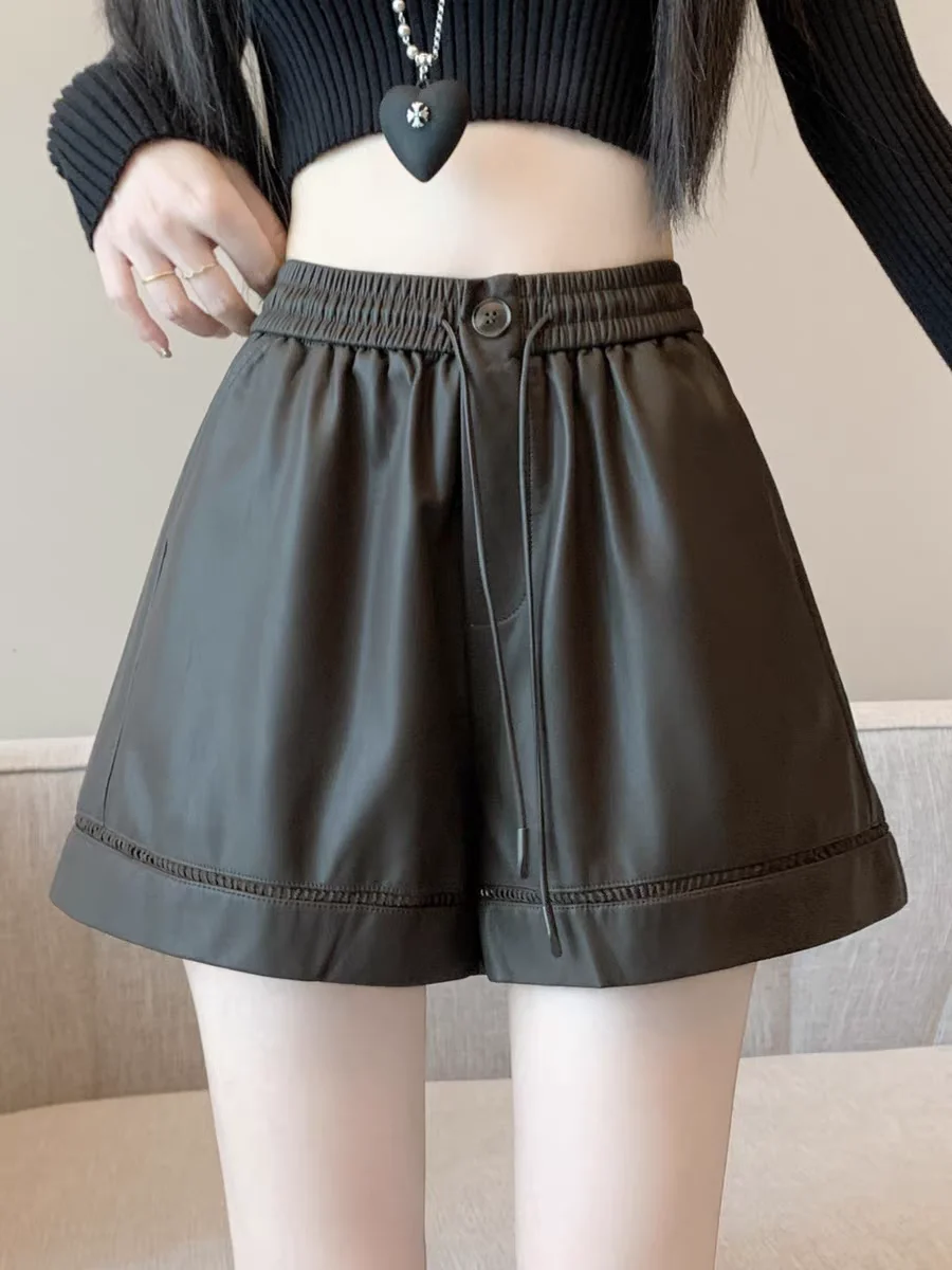 키 작은 여성용 하이웨이스트 PU 레더 숏팬츠, 신축성 있는 A라인 와이드 레그 부티 숏팬츠 (2025년 가을/겨울)