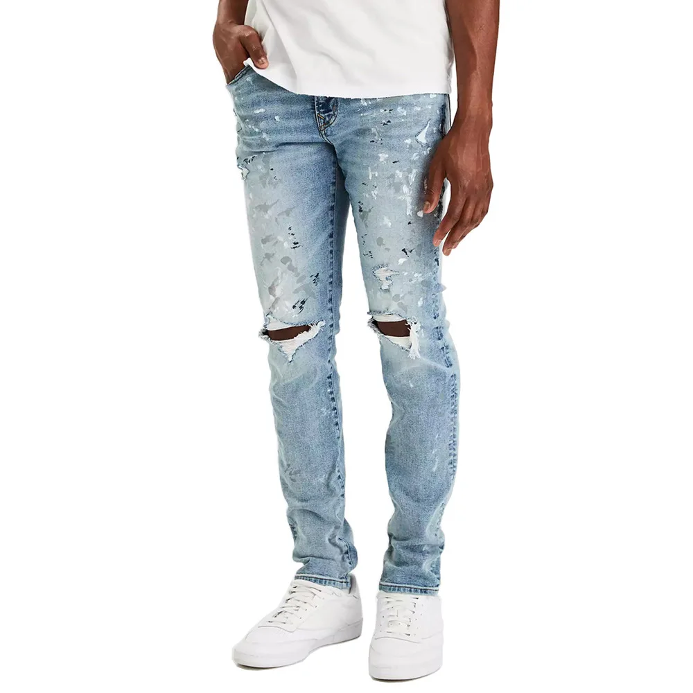 

Four Seasons New Fashion Men's Trendy Splashed Ink Skinny Jeans Pencil Pants Casual Washed Hole Patched Slim Denim Trousers Male