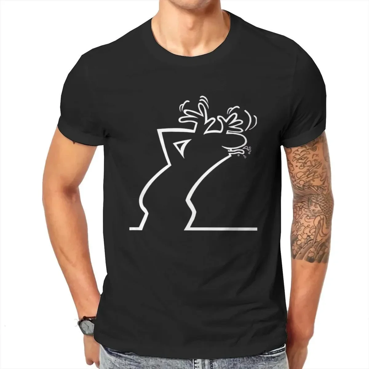 2026 Fashion Men's Funny Reindeer Throw Up Line Art T-Shirt Christmas Crew Neck Short Sleeve Humor Holiday Tee Daily Tops