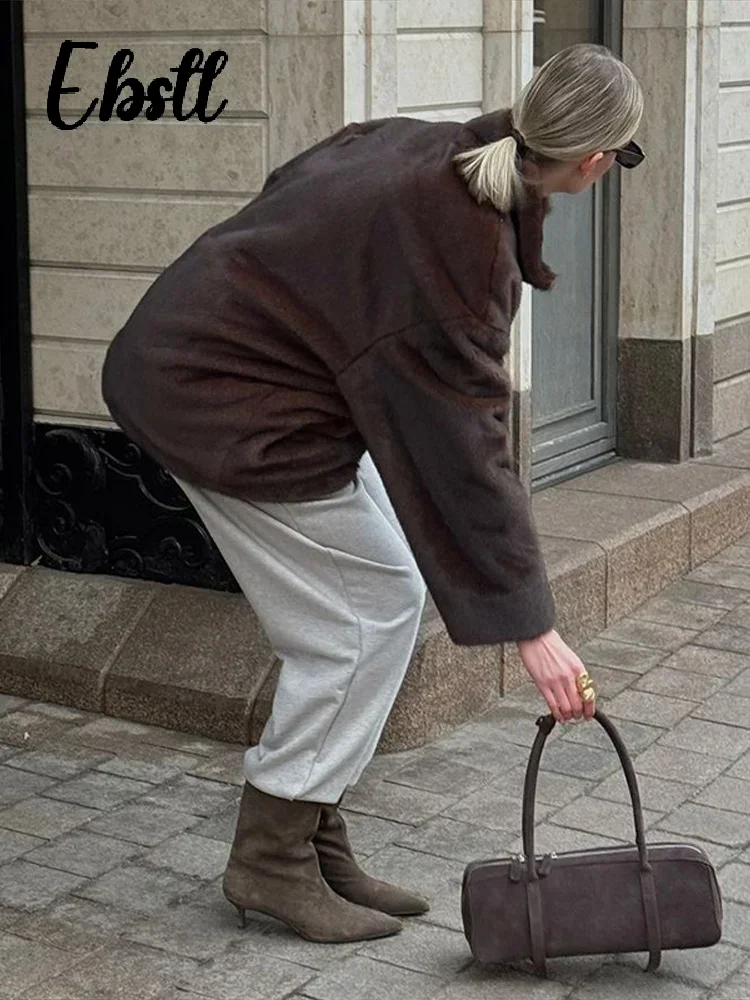 Gezellige namaakbont halve rits jassen dames losse opstaande kraag grote zak jas met volledige mouw 2026 lente nieuwe dame casual streetwear