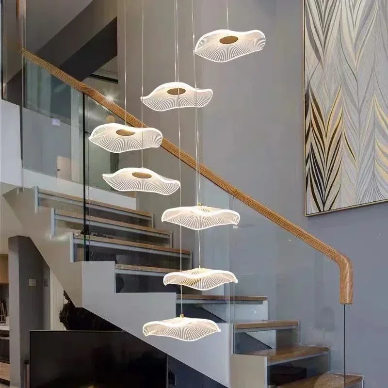 Staircase, Duplex Building, Villa, Living Room, Large Chandelier, Simple Lotus Leaf Rotating Ceiling Apartment Light