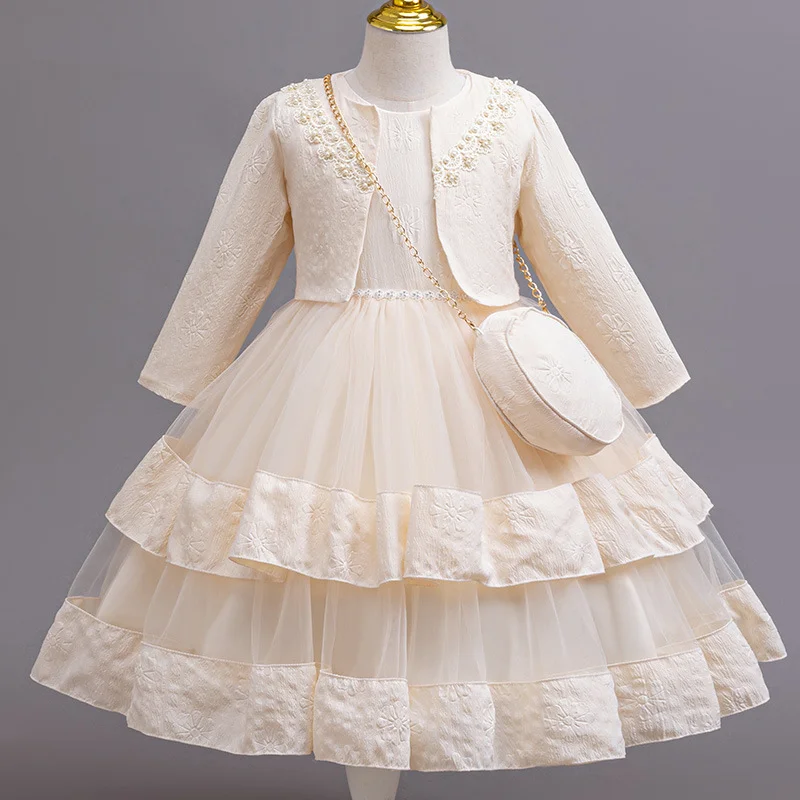 Elegant Girl pearl embroidered long sleeved princess skirt  Christmas Party Holiday Performance Children's Party Communion Birth