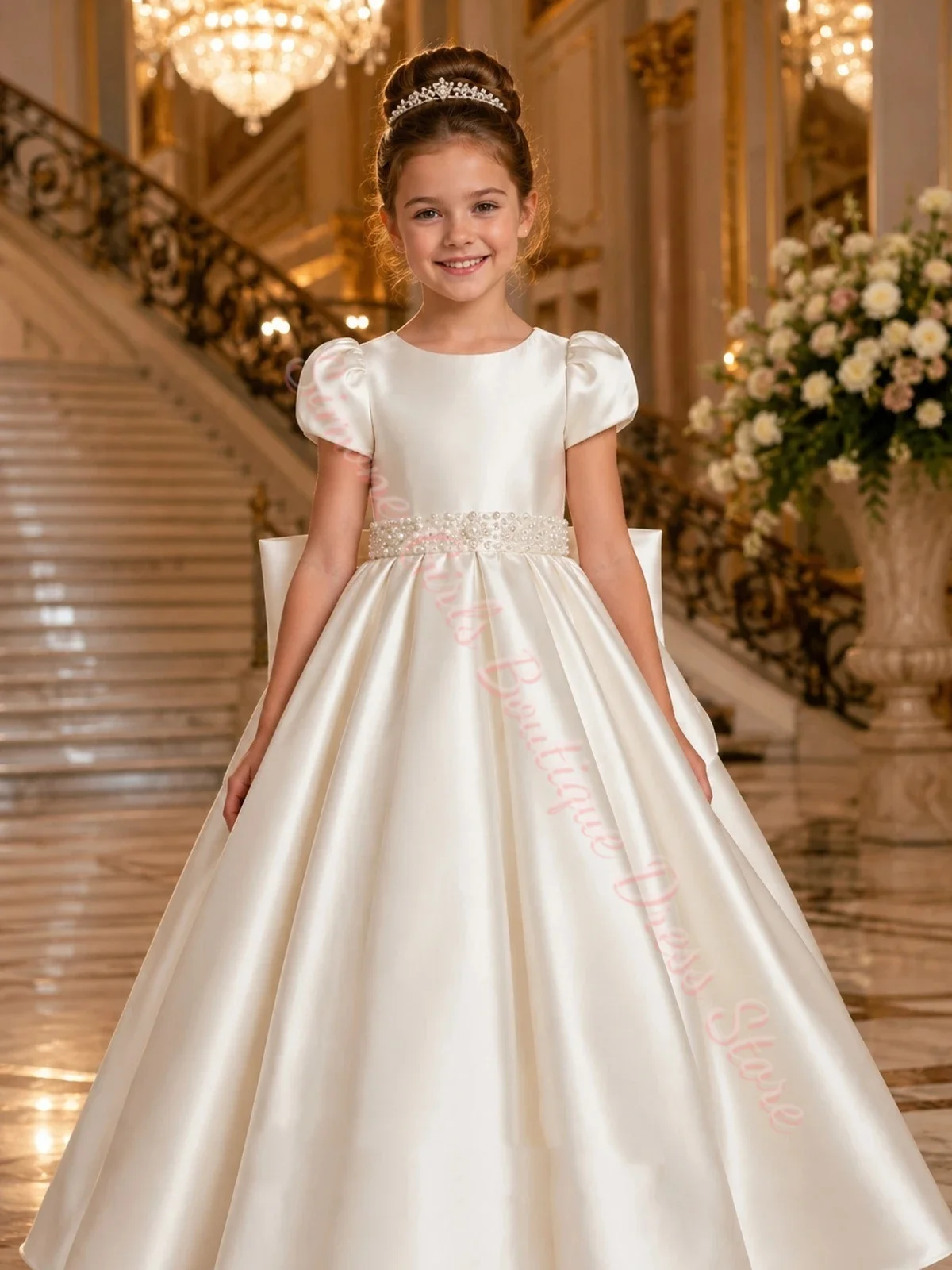 Großhandel Blumenmädchenkleid für Hochzeit, Satin, Perlenbesetzte Kurze Ärmel mit Schleife, Prinzessinnenkleid für Geburtstagsfeier, Erstkommunion, Maßanfertigung – Detail 1