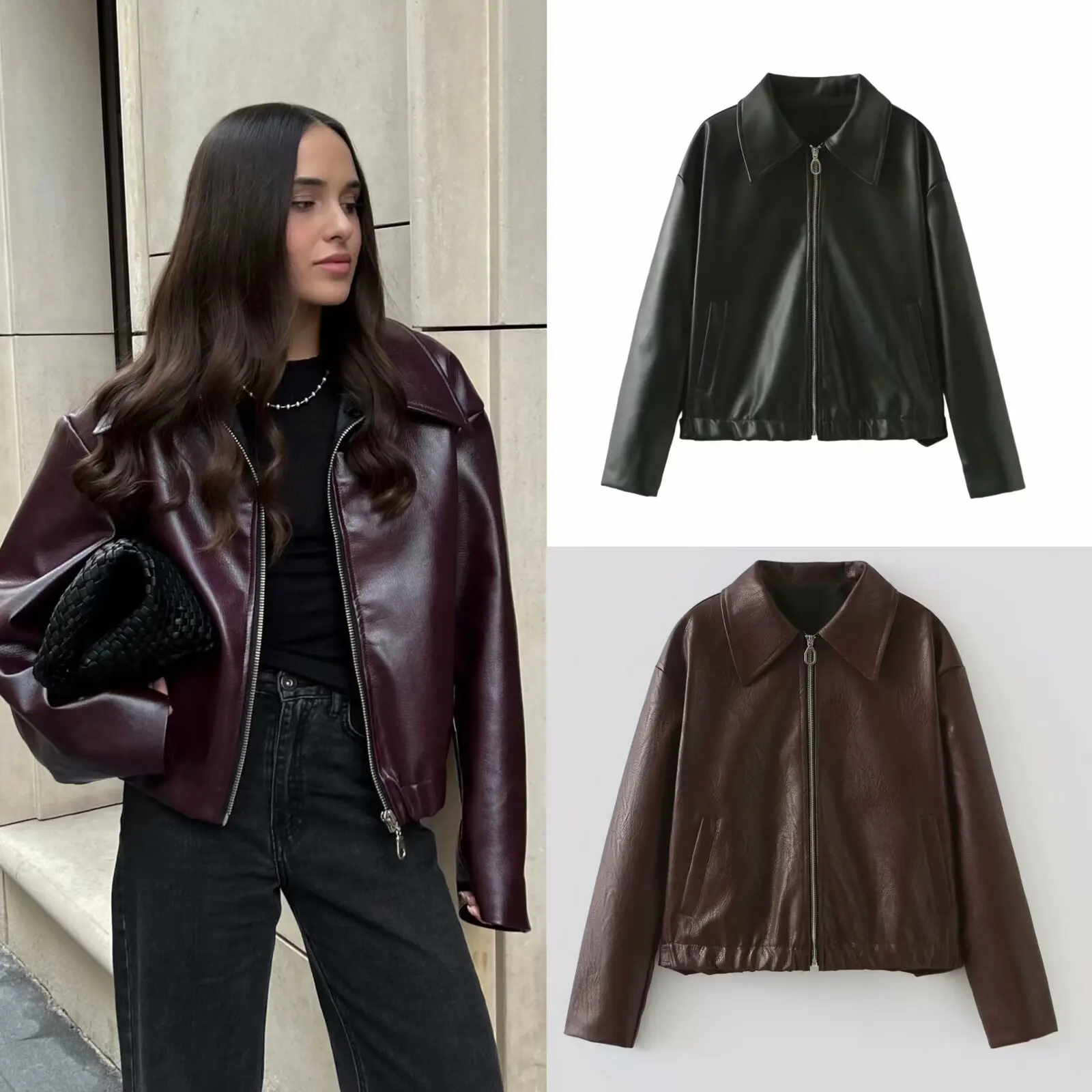 Damska kurtka skórzana 2024 New High Street Fashion Lapel Zipper Long Sleeve Pocket Faux Leather Jacket Casual Chic Coat