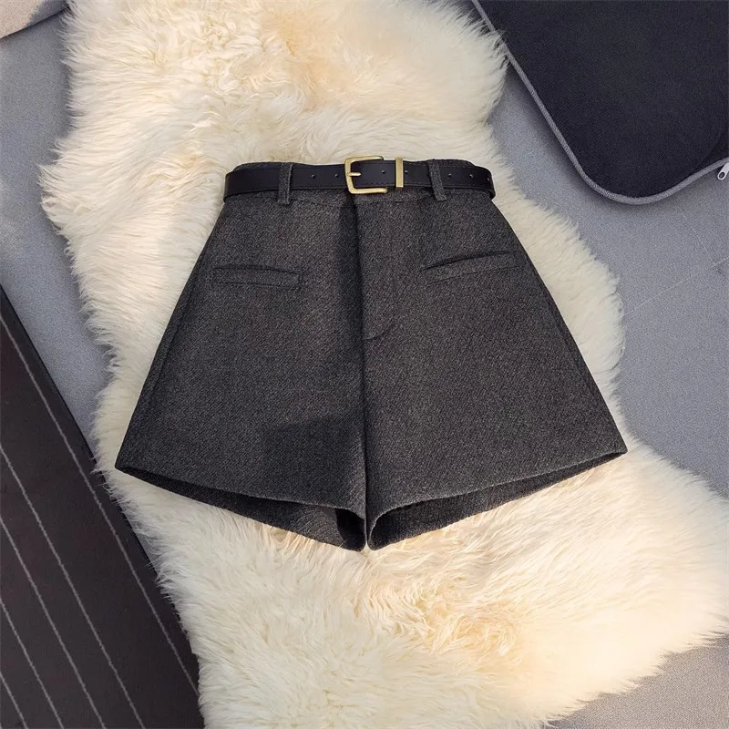Ropa Mujer Women's Woolen High Waist Shorts Wide Leg Casual Winter Shorts with Belt Black Brown Grey
