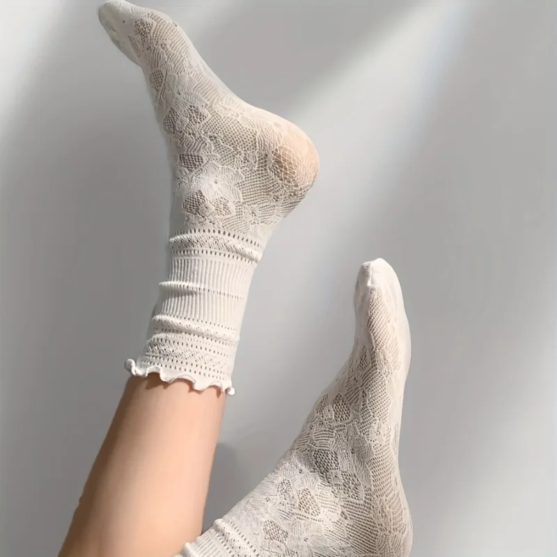1/3 Paar hohle Netzsocken für Damen, niedliche japanische lange Socken im JK-Stil, ultradünne Sommer-Rüschensocken, koreanische Harajuku-atmungsaktive Socken – Detail 3
