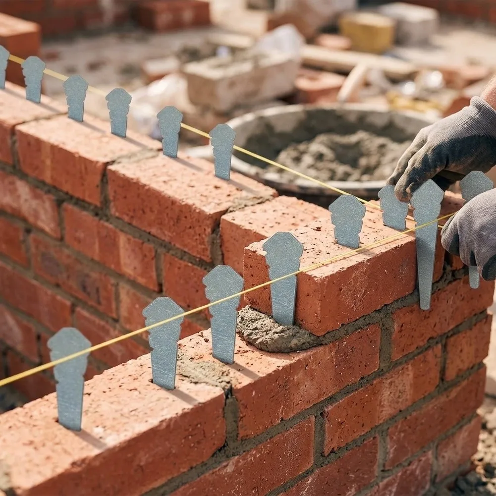 Brick Masonry Alignment Pins with Tapered Tooth Design to Anchor String Lines Firmly on Brick Edges for True Layout