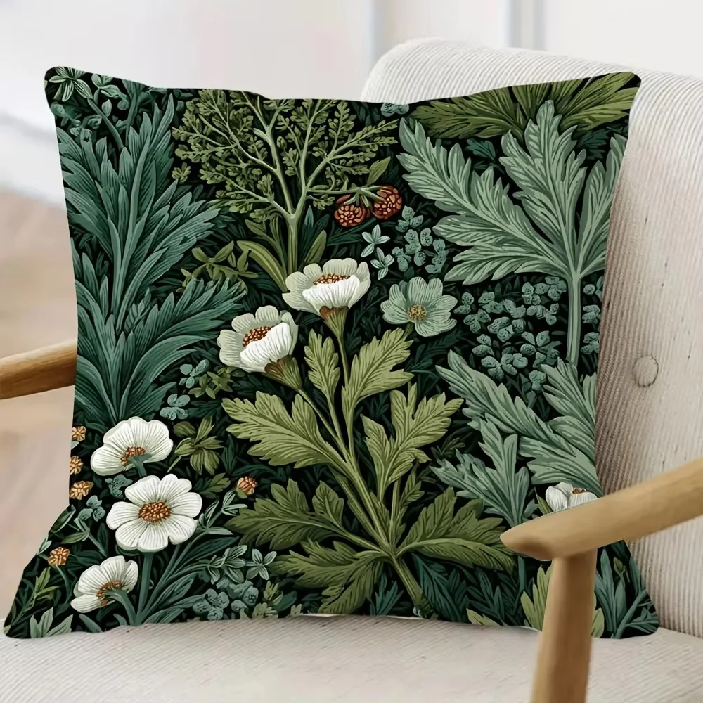 Dark Green Botanical Cottagecore Cushion Cover, Double Sided Soft Polyester 2D Print Pillow for Living Room Sofa Home Decor