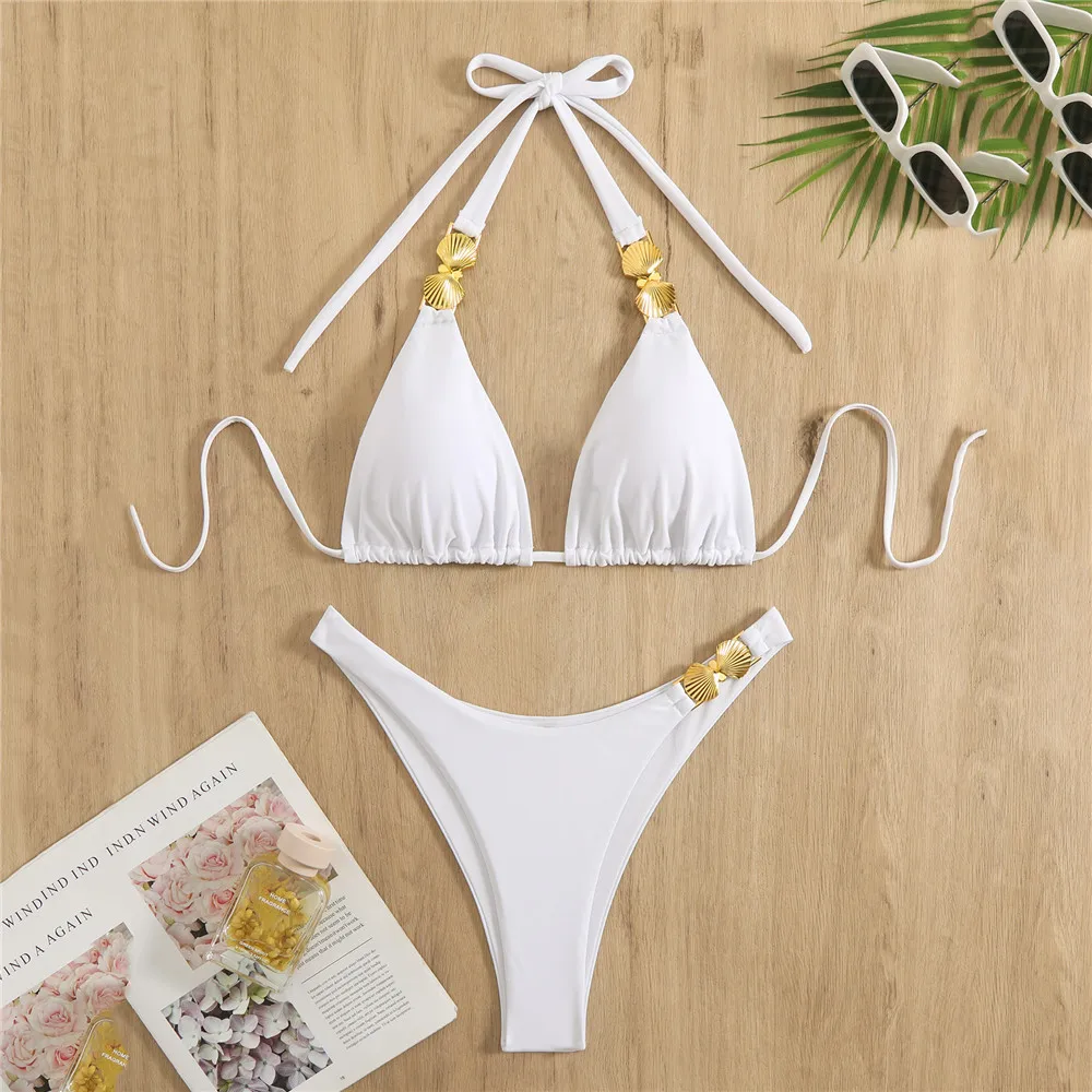 

Solid White Swimwears Metal Shell Halter Triangle Bikinis Sets 2025 Sexy Swimsuit Women Back Knotted Bathing Suit Bikini Dames