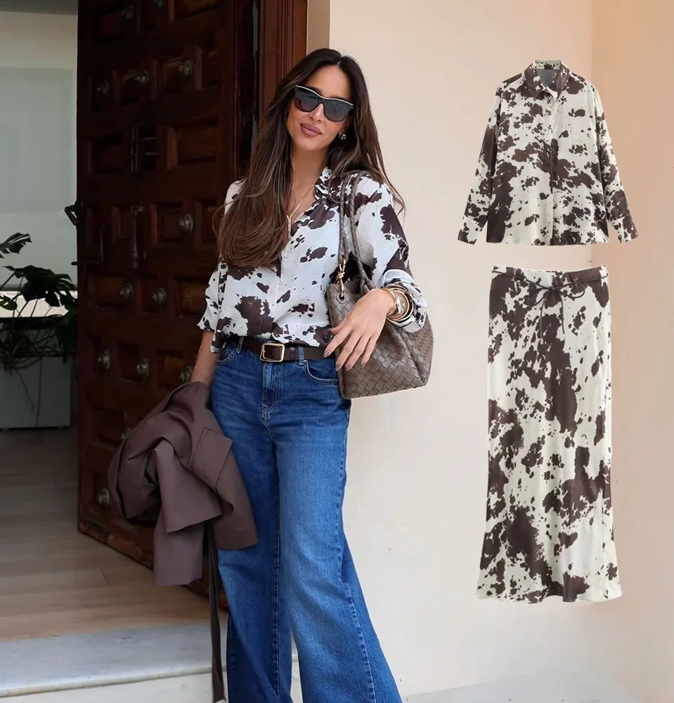 

KONDALA женский осенний стильный костюм с юбкой с животным принтом и поясом, новинка 2025, весна-лето, повседневный стильный элегантный пляжный комплект для вечеринки