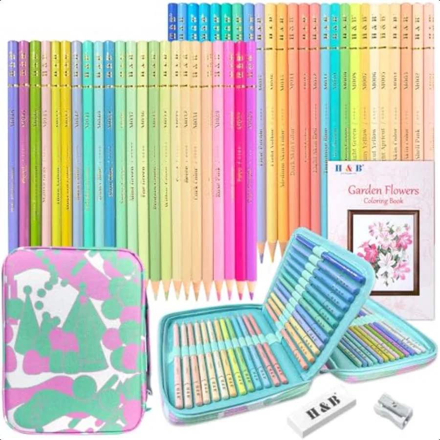 

Pastel Colored Pencils Set of 50 aron Colored Pencils Adult Coloring Book with Zipper Case Eraser Sharpener Soft Core for s Beg
