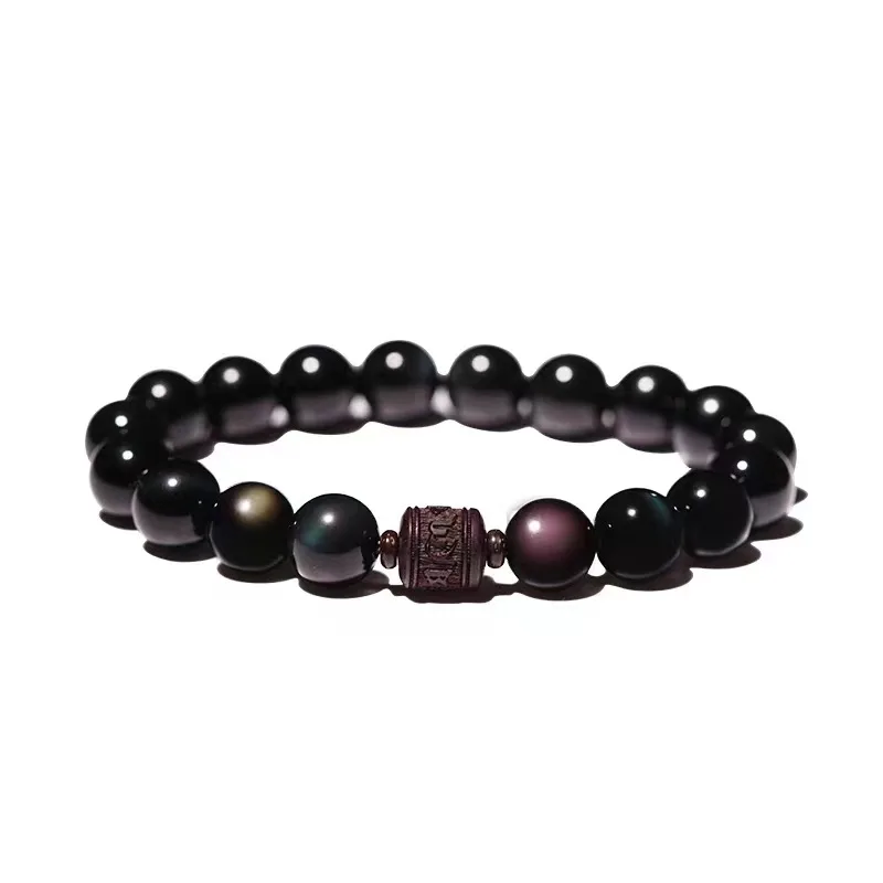 

Rainbow Obsidian & Six-Word Mantra Red Sandalwood Bracelet: Chinese Zodiac Horse Lucky Gift for Men & Women