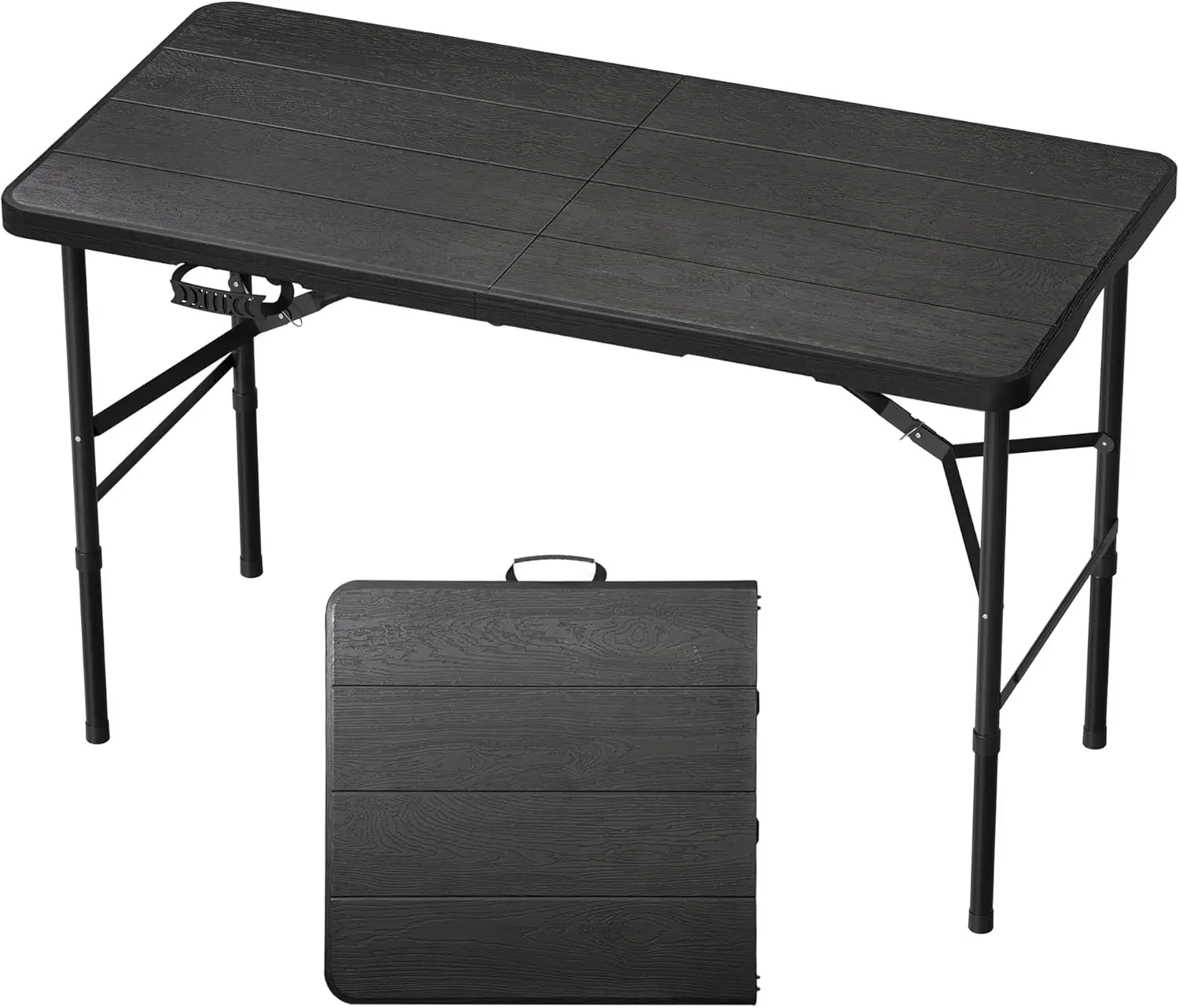 

4Ft Folding Table, Heavy Duty 400 lbs Capacity, Wood Grain Tabletop for Picnic, Camping, Weddings, Black