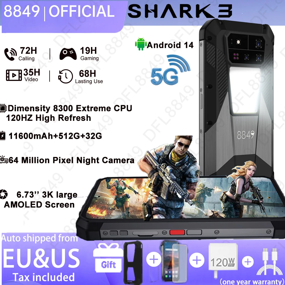 8849 SHARK 3 von Unihertz Robustes Smartphone Android 14 32 GB 512 GB Abmessung 8300 3K