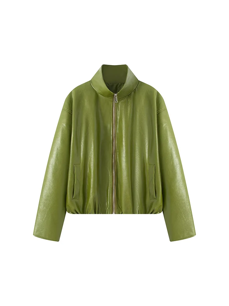 

Осенняя новая женская одежда в европейском и американском стиле, модная куртка-бомбер из искусственной кожи с высоким воротником