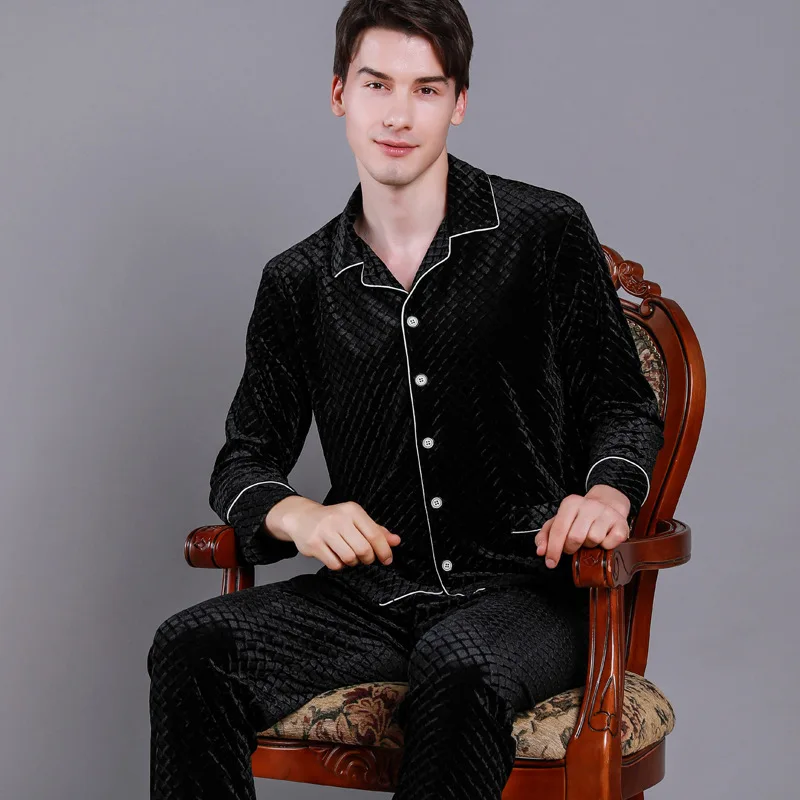 Sleepwear Spring and Autumn Men's Golden Velvet Cardigan Lapel Men's Home Brand Pajamas Long Sleeve Velvet Homewear