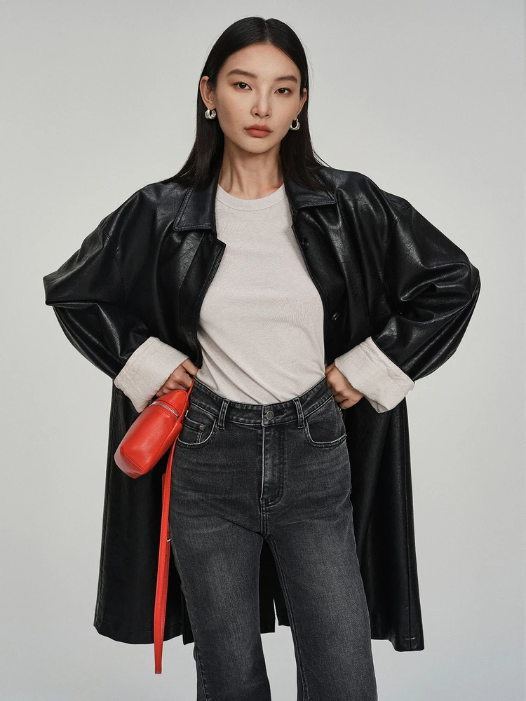 Casual Long PU Leather Jaet Women's Turn-down Collar Windproof Outerwear Faionable And Comfortable Youth Spring Faion