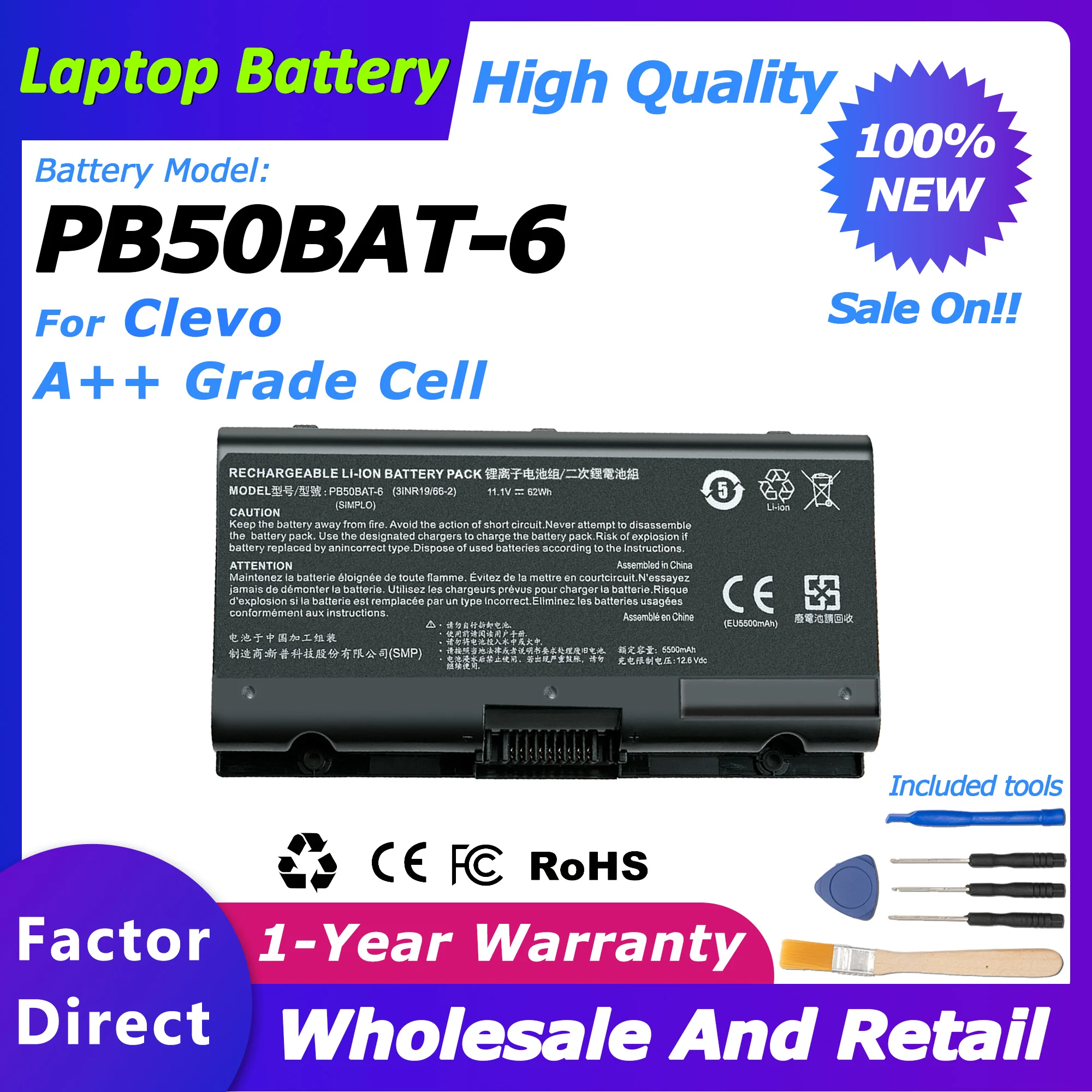 PB50BAT-6 Laptop Battery For CLEVO 47WH/4400MAH PB51RF-G PB70EF-G PB71EF-G For Sager NP8371 3INR19/66-2