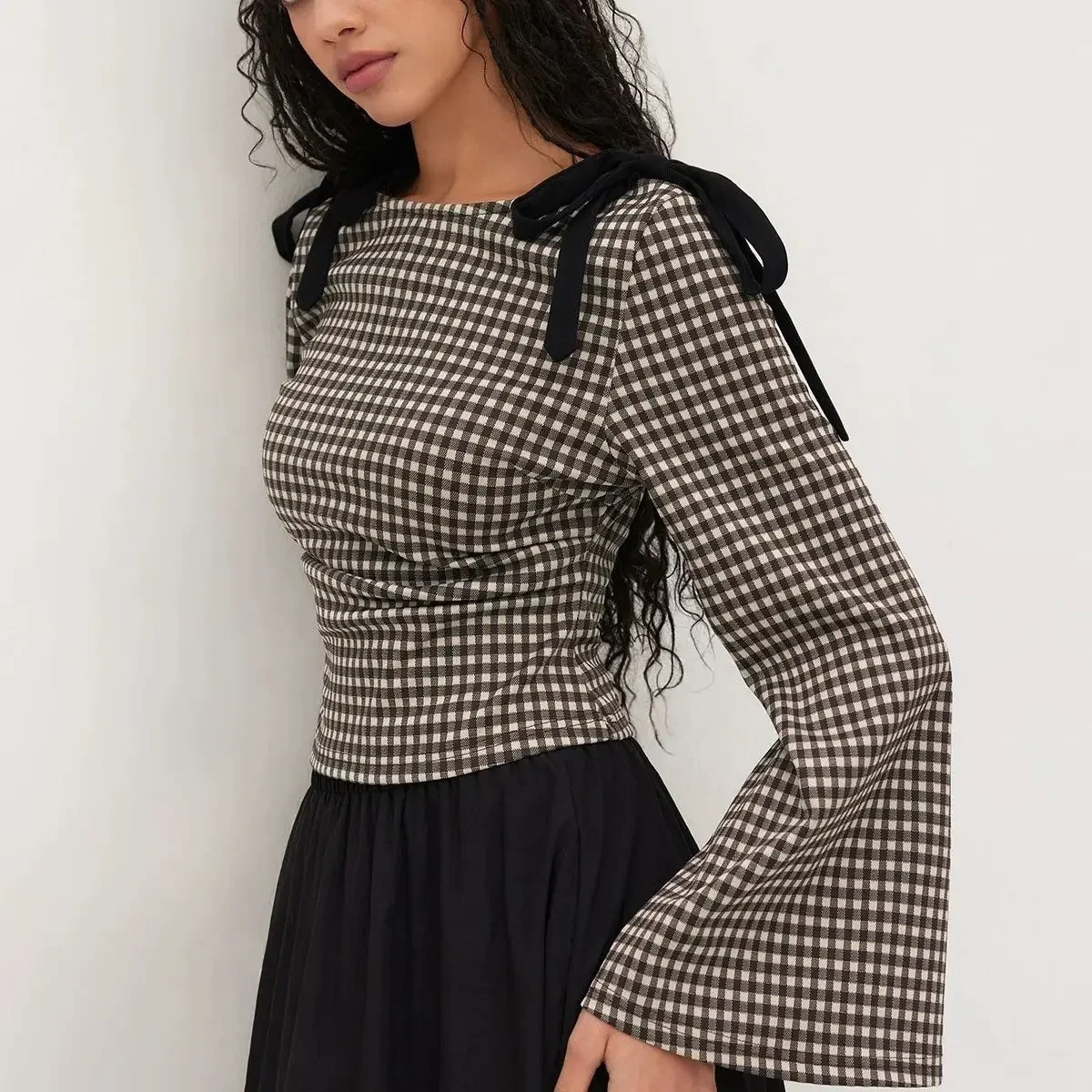 

2025 Women's Bow Tie Blouse Ruffle Trim Plaid Print Bell Sleeve Victorian Style Fall Dressy Top