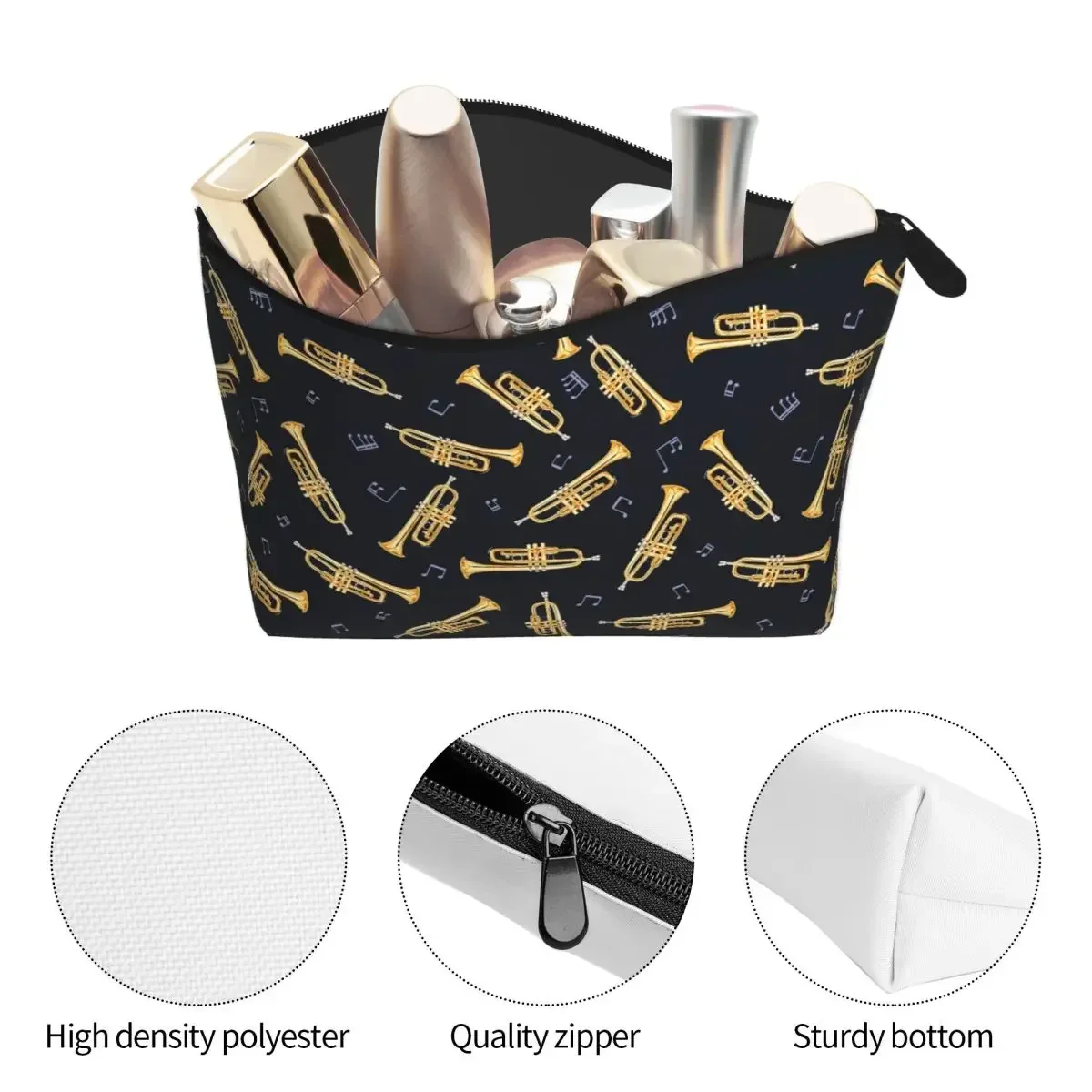 Gold Trumpet On Black Women Cosmetic Bag Travel Makeup Organizer Pouch Toiletry Storage Dopp Kit Case