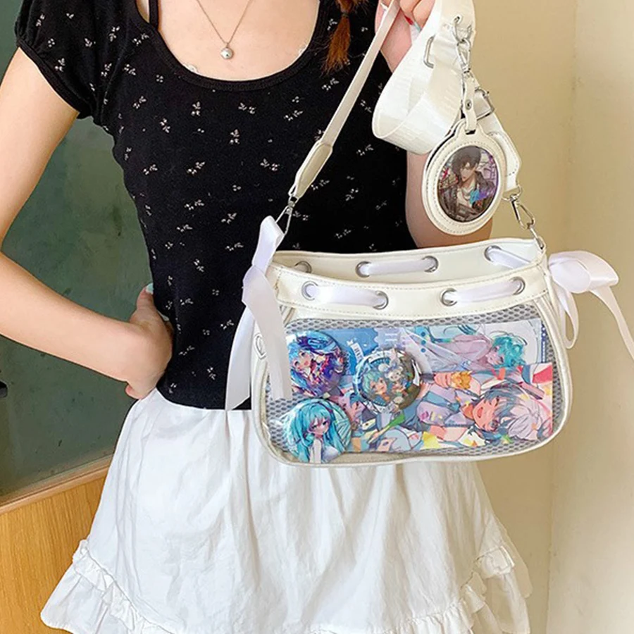 

Y2K Japanese Harajuku Bow School Bags for Teenage Girls New Chic Transparent Itabag Crossbody Bag DIY Badges Travel Ita Bag Sac