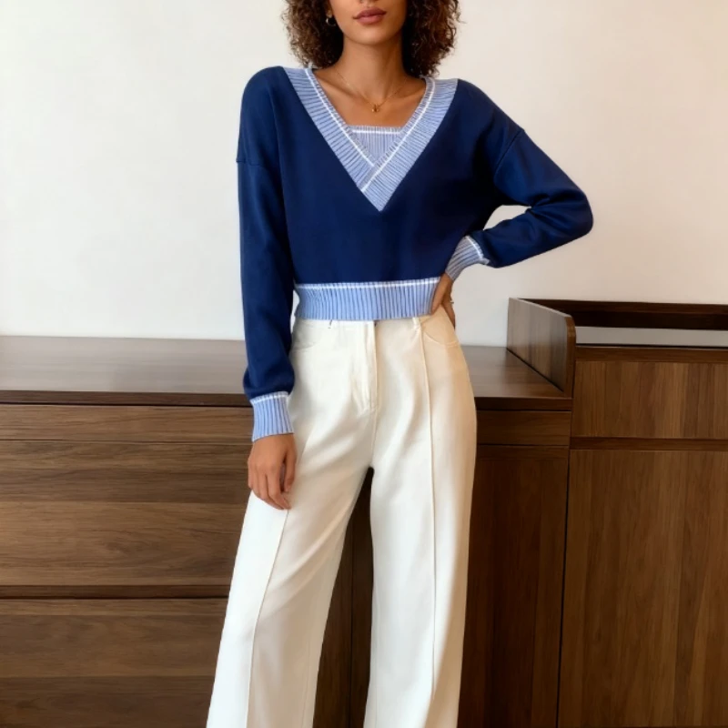 

New Chic Style Cozy Autumn and Winter Women's Stitching Color Long-sleeved Short Sweater V-neck Casual Tops Korean Fashion