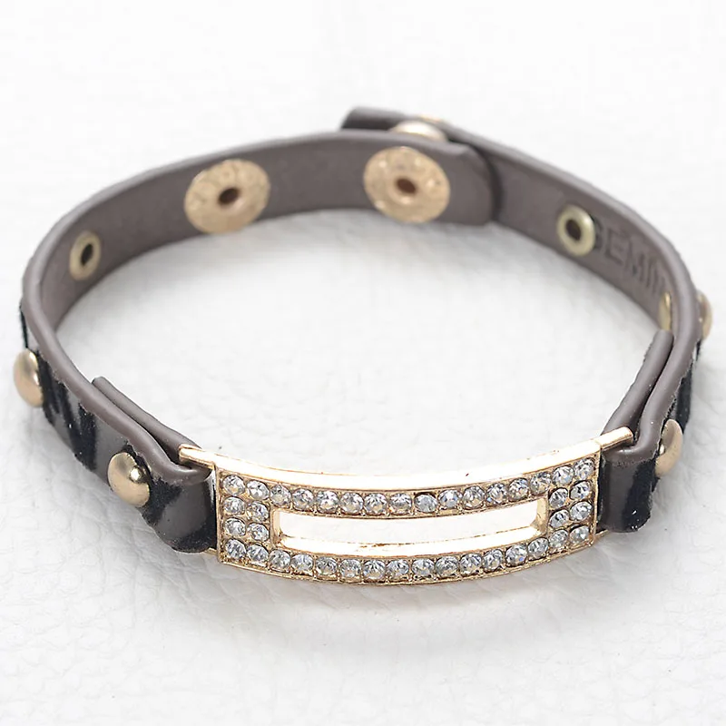 Miasol Leather wrap bracelet/wirstlet with crystal matal rectangle,unique designed blingbling leather bracelet/bangle