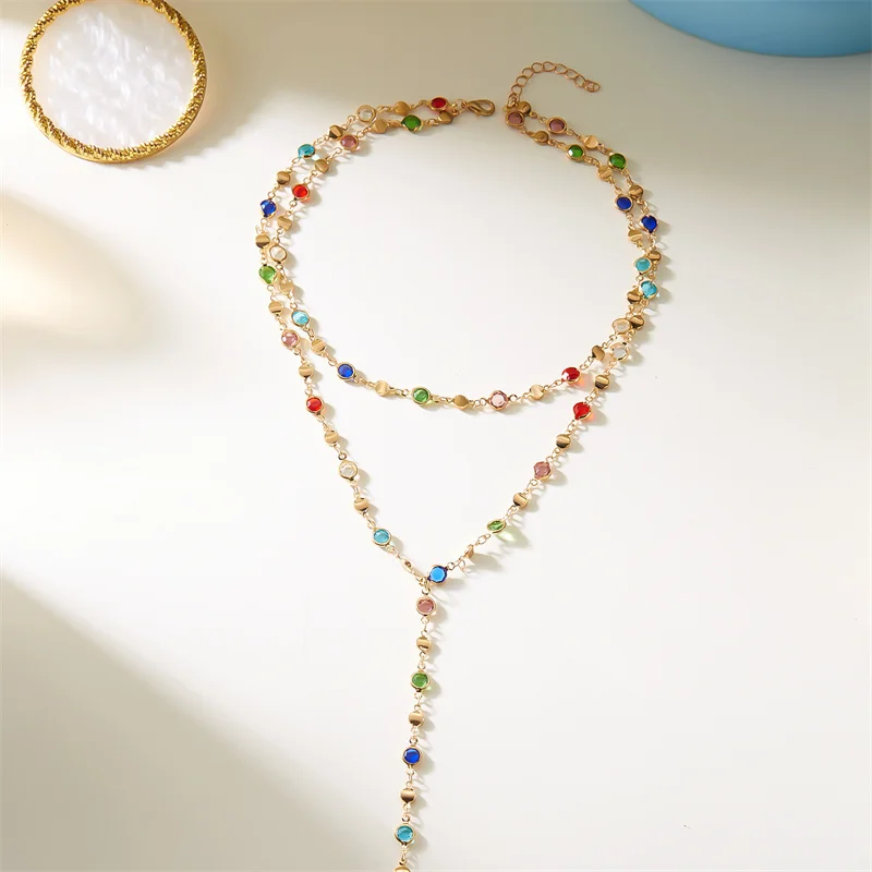Böhmische bunte Kristall-Zirkon-Halskette für Frauen, glänzende Strass-Y-förmige lange Quasten-Halskette, trendige Y2K-Schmuckgeschenke – Detail 8