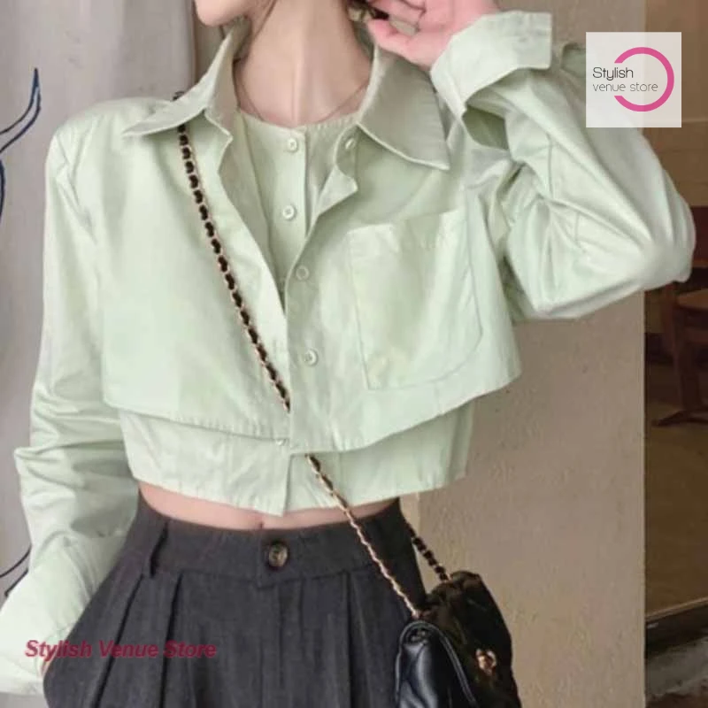 

Korean version of fake two-piece shirts women's spring and summer new loose short design sense niche casual long-sleeved tops.