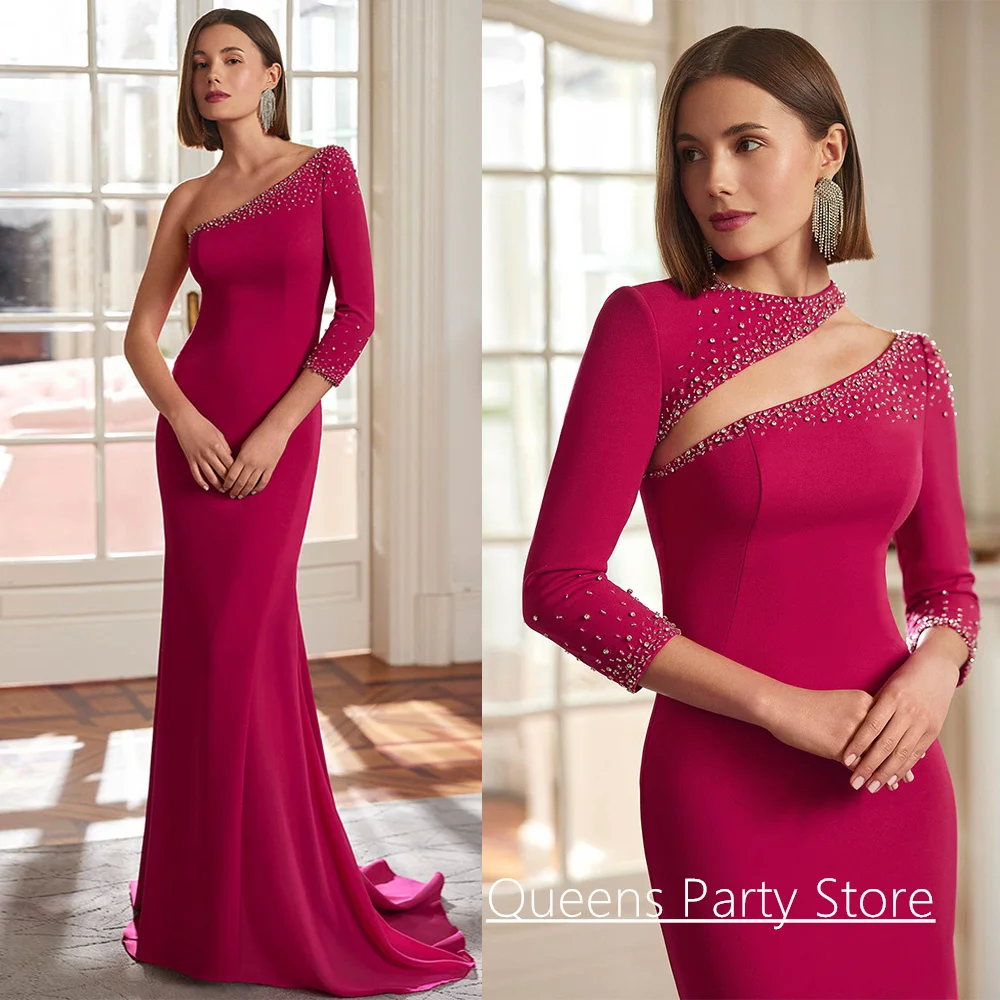 

Fuchsia Mermaid Mother of The Bride Dress Customized Detachable Long Sleeve Beading Sequined Sweep Train Wedding Guest Gown