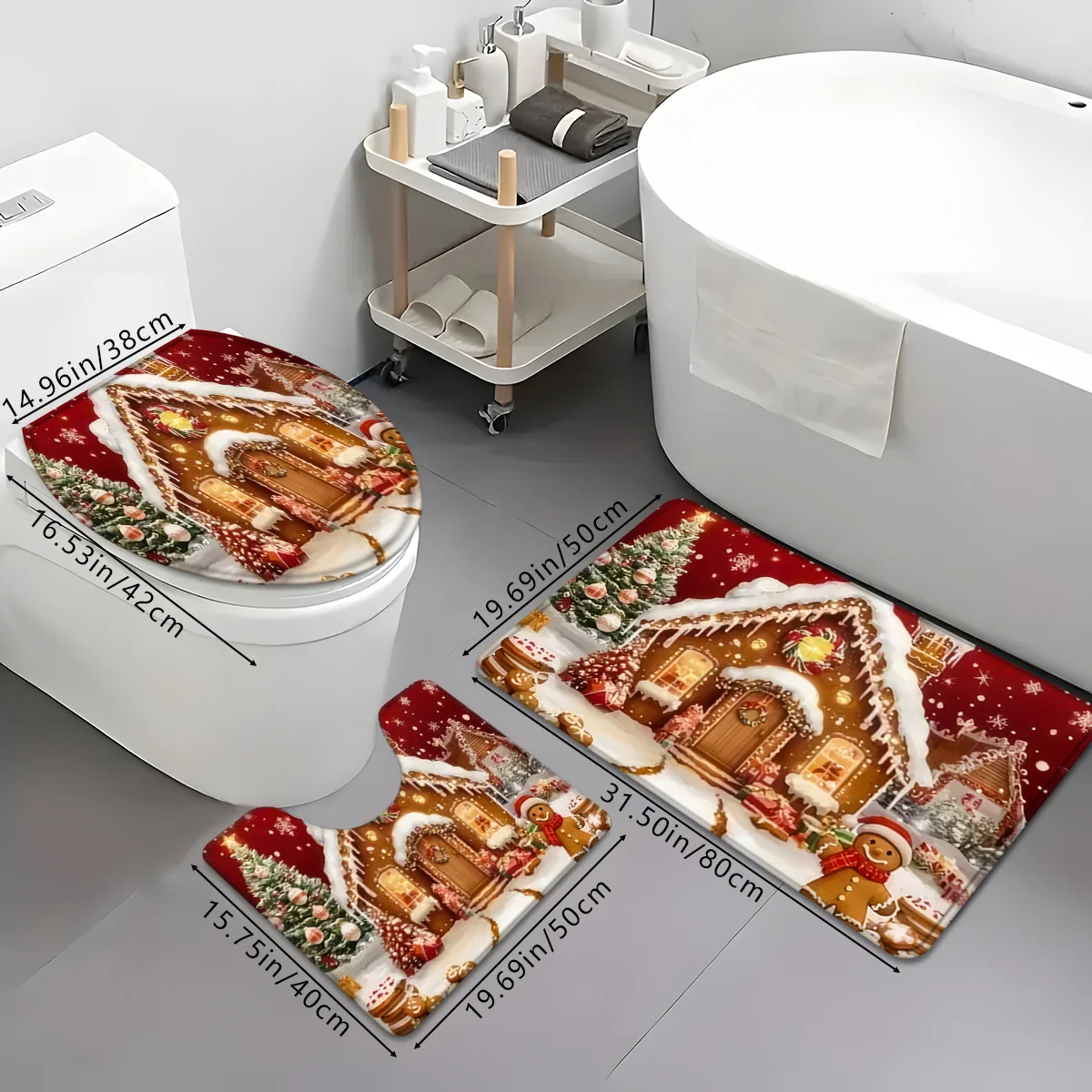 Gingerbread Christmas Bathroom Mat Set Holiday Decor Rug for Tub Toilet Mat Home Decoration