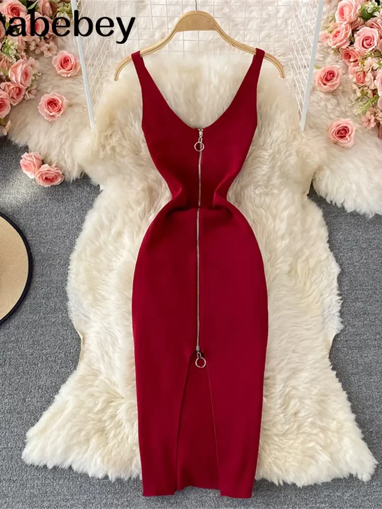 Zipple  2026 Sexy Summer Knit Strap Dress Women Tank Elatic Waist Bodycon Sundress Female Beach Split Backless Midi Dress