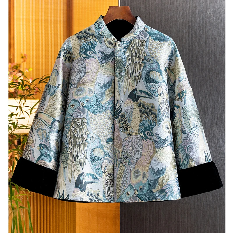 New Chinese Style Silk +Velvet Jacket Women Winter 2024 New Retro Jacquard Chinese Style Cotton Jacket for Women S-XL