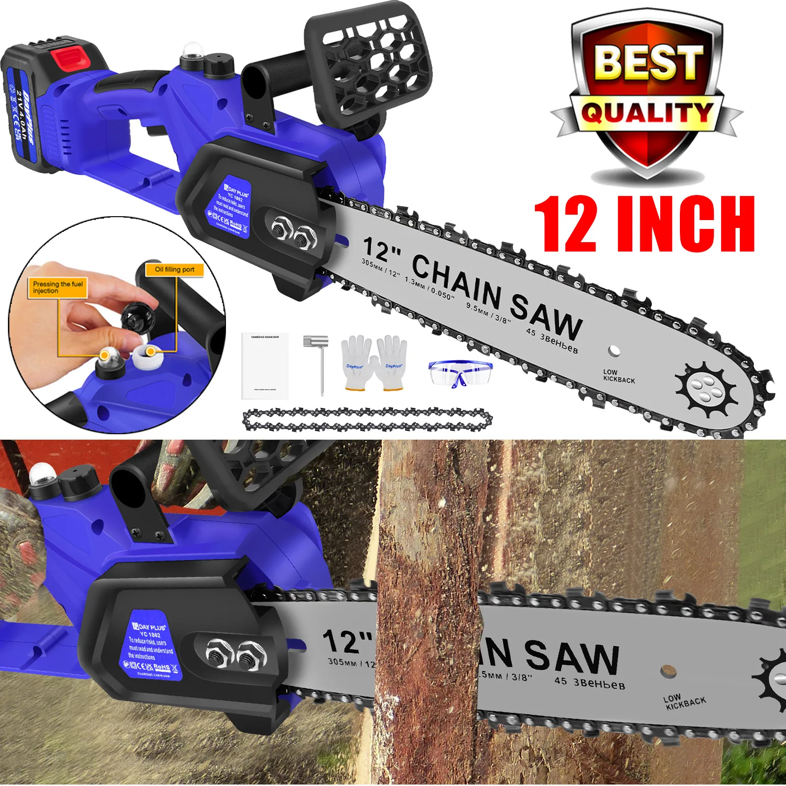 DayPlus 12 Inch Electric Chainsaw 21V Brushless Cordless Handheld Saw, 4.0Ah Battery, Charger, 2 Chains, Auto Chain Lubrication