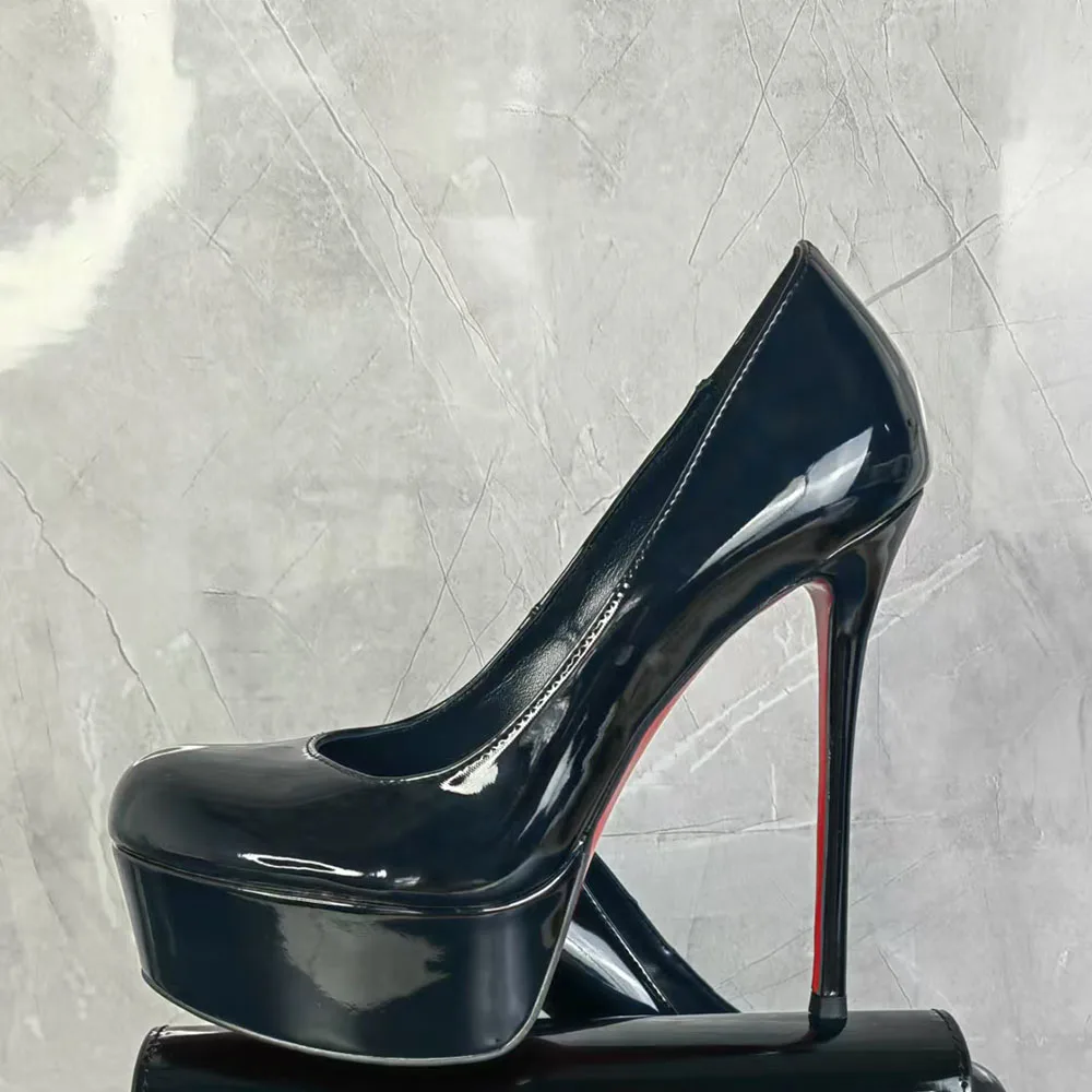 

Black Patent Leather Solid Color Sexy Pumps High Platform Stiletto Heels Women's Shoes Temperament Fashion Large Size High Heels