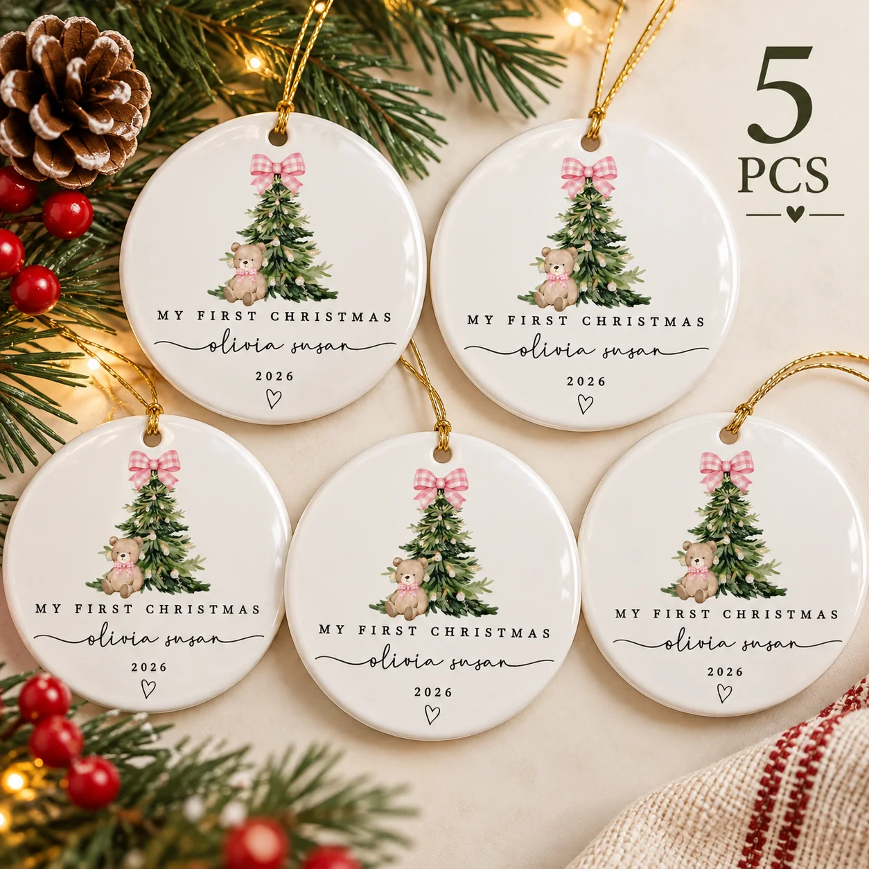 5Pcs Christmas Keepsake Round Ornaments 2026 Family Of Three Or Four Red Stockings Tree Hanging Holiday Gift Set For Home Decor
