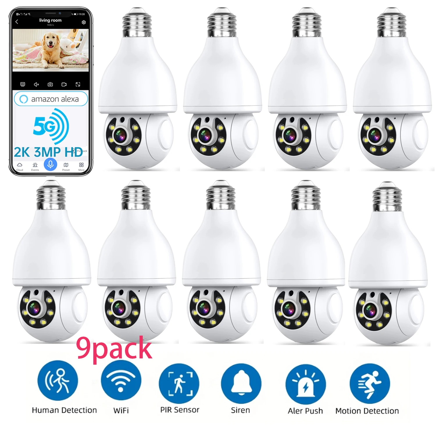 

[9Pcs] 2K Light Bulb Security Camera, 2.4g Wi-Fi, Motion/Sound/Light Alarm, 2-Way Audio, Alexa, Easy Install, Indoor/Outdoor
