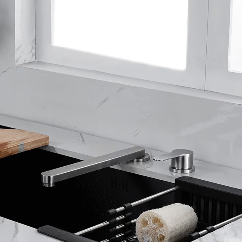 304 Stainless Steel Sink Faucet Hidden Lifting Folding Kitchen Faucet Hot and Cold Mixed Water Separate Sink Tap Dual Holes