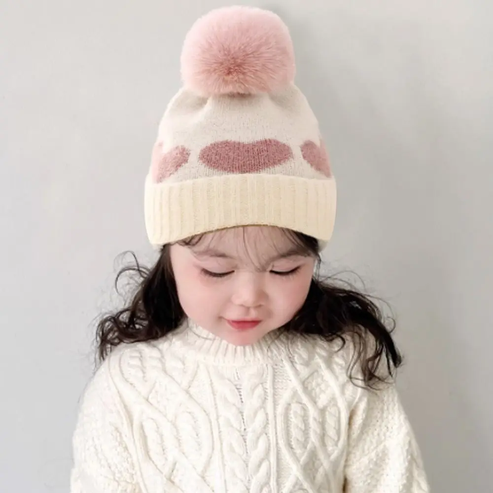 Gestrickte Wollmütze mit Herzmuster, winddicht, doppellagig, für Neugeborene, Beanie-Mütze, verdickt, warm halten, Baby-Pom-Pom-Mütze