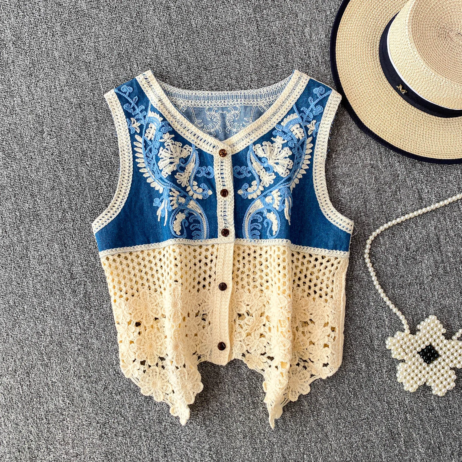 

Women's Fashion Hook flower hollow splicing denim women Vest Sleeveless Slim Fashion Ladies Knitwear Top