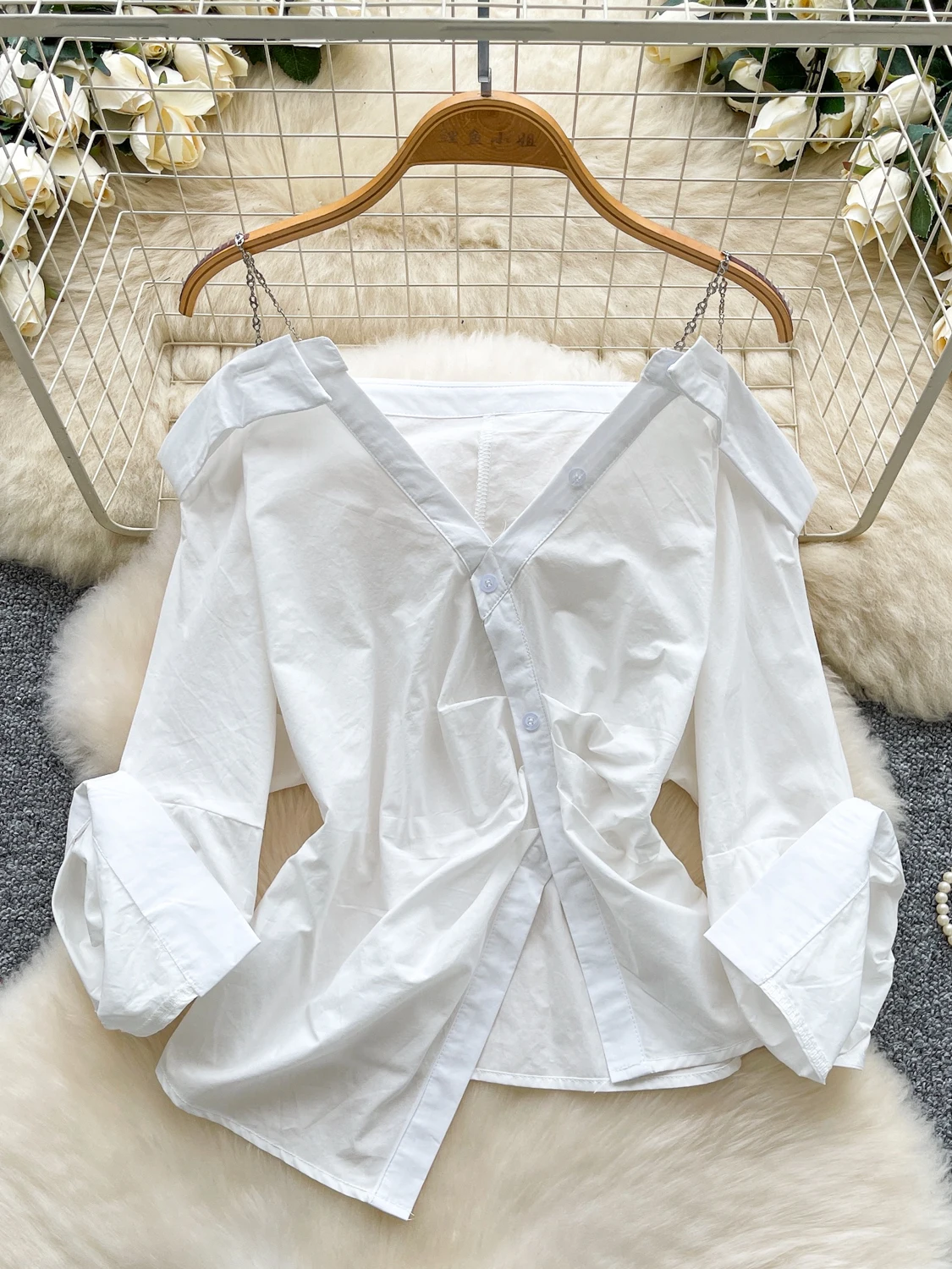 Casual Sle Long Sve Oulder Bared Strap Irt Vielseitiges, faionable Herbstoberteil für Damen, hautfreundlich, atmungsaktiv, Polyester...