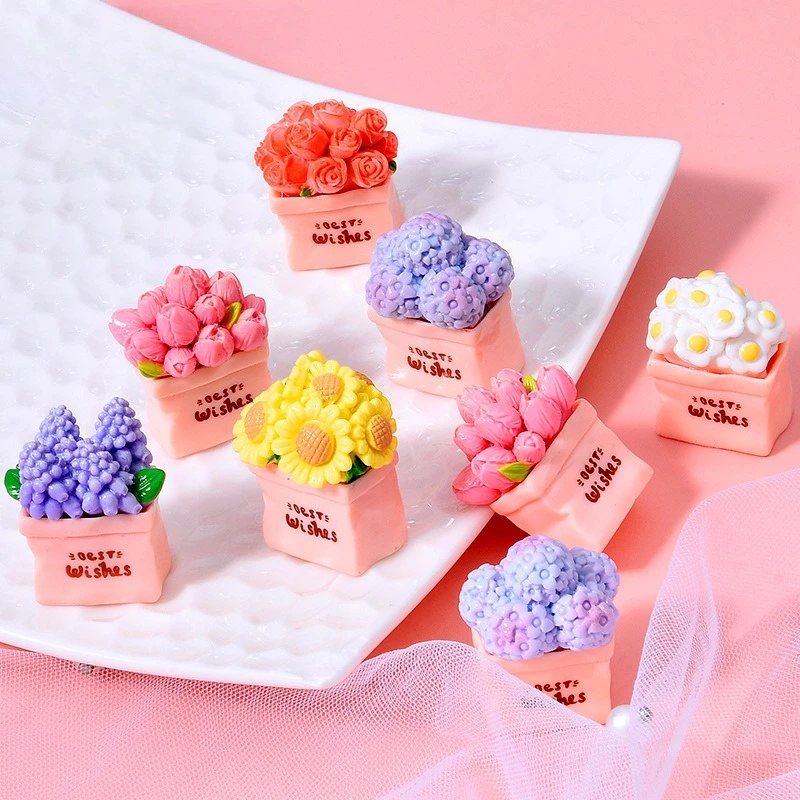 Mini Flower Pot Plant Sunflower Rose Resin Diy Desktop Car Small Miniatures Ornaments Cream Glue Accessories Decoration Decor